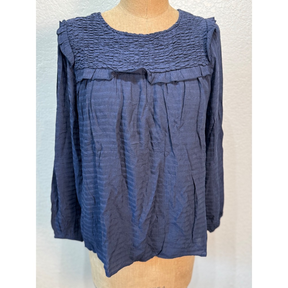 L‎ Love Navy Ruffle Smocked Long Sleeve Blouse Keyhole Top Back Women Small NWT